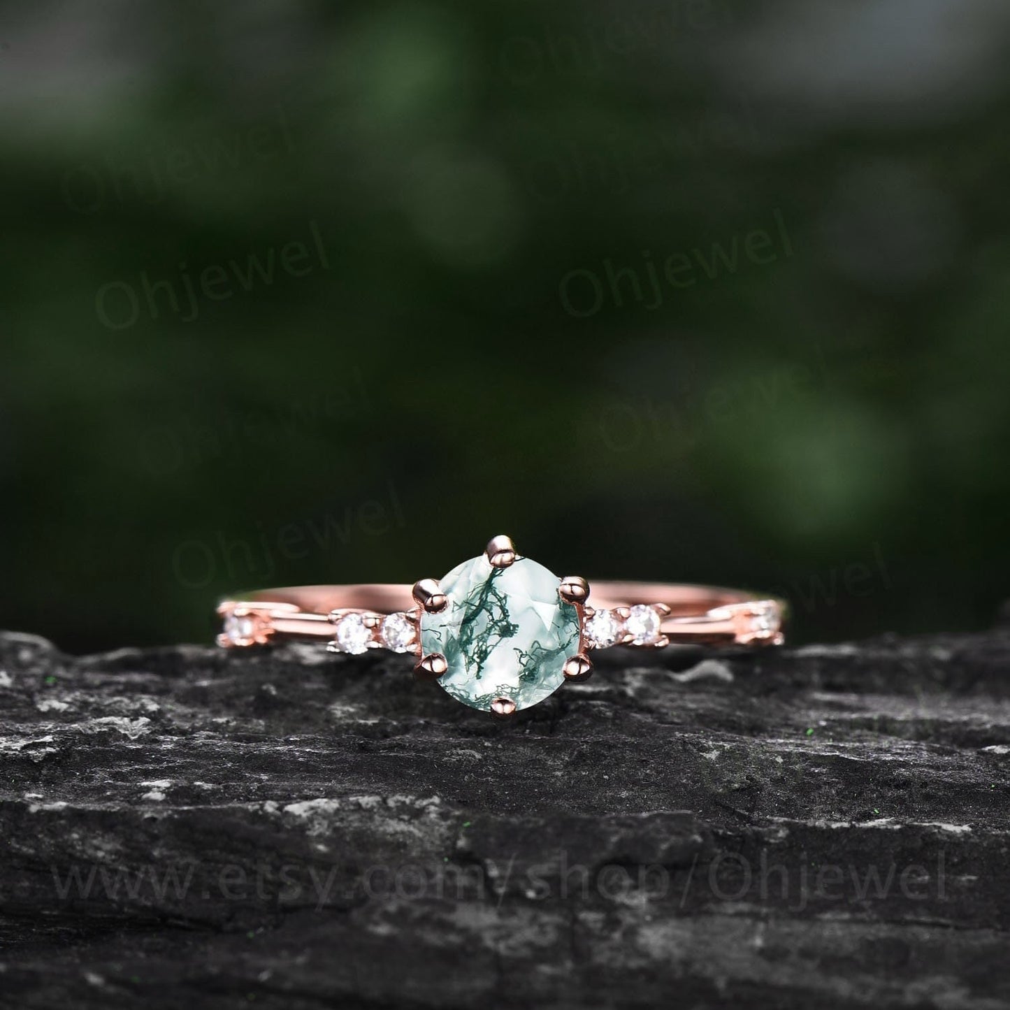 Dainty round cut moss agate ring gold vintage unique green moss agate engagement ring 14k rose gold six prong diamond wedding ring for women