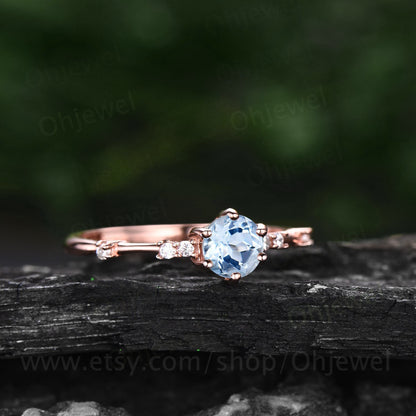 Dainty round cut aquamarine ring gold vintage unique aquamarine engagement ring white gold six prong 7 stone diamond wedding ring for women