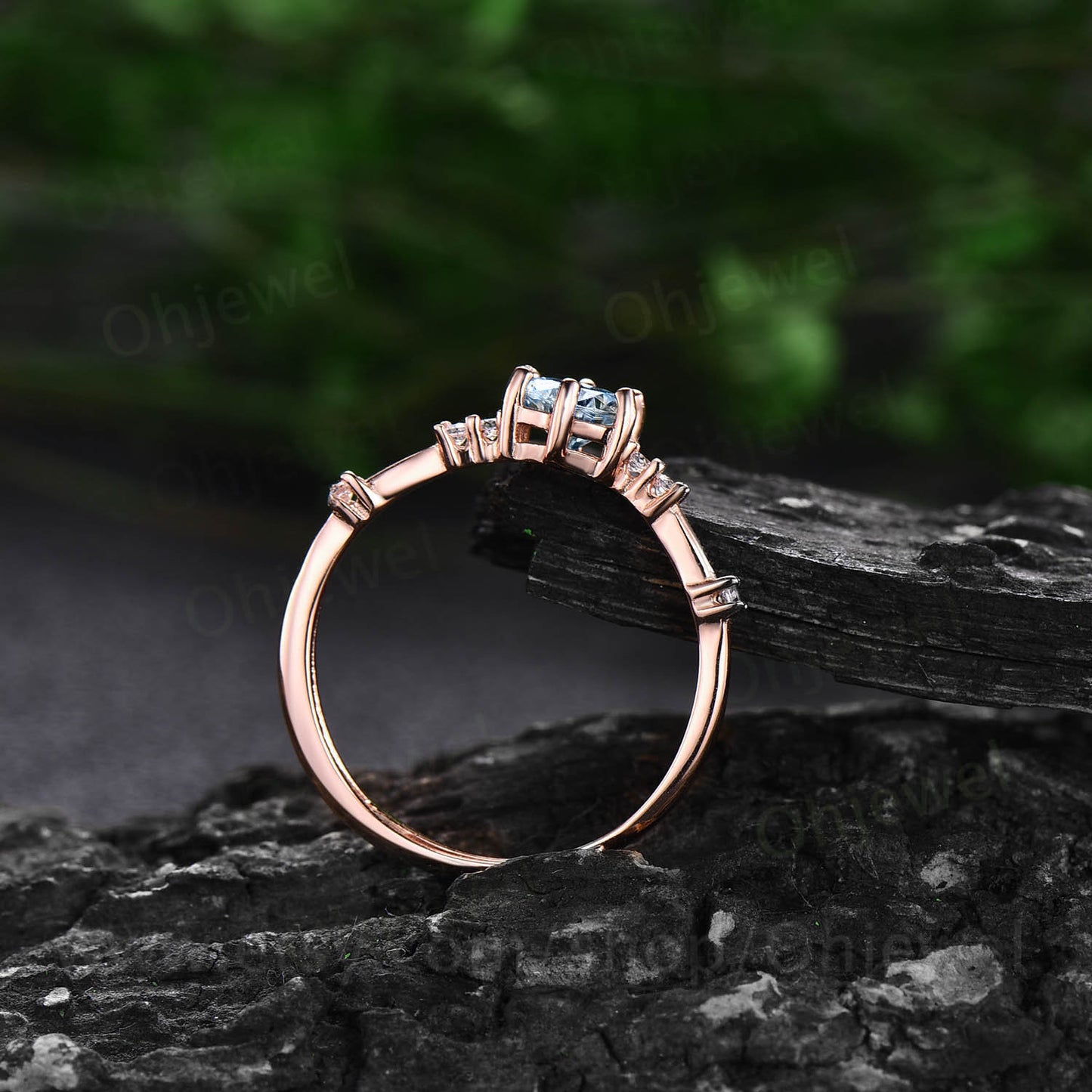 Dainty round cut aquamarine ring gold vintage unique aquamarine engagement ring white gold six prong 7 stone diamond wedding ring for women