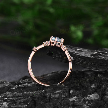 Dainty round cut aquamarine ring gold vintage unique aquamarine engagement ring white gold six prong 7 stone diamond wedding ring for women