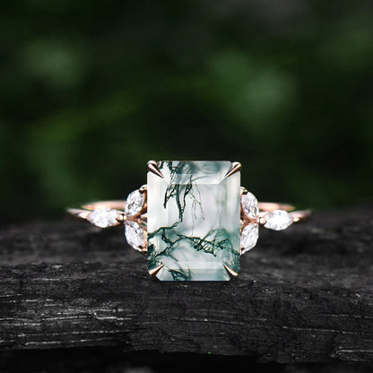 Green moss agate ring vintage moss agate engagement ring rose gold flower unique emerald cut engagement ring art deco moissanite bridal ring