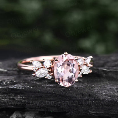 Pink morganite ring gold vintage morganite engagement ring unique cluster engagement ring diamond ring jewelry wedding promise ring women