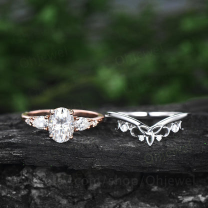 Oval cut moissanite ring rose gold silver vintage unique moissanite engagement ring set five stone moissanite bridal wedding ring set women