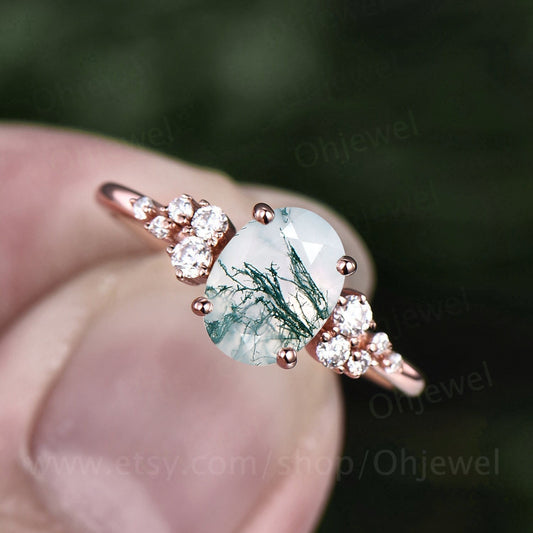 Vintage oval cut green moss agate engagement ring rose gold dainty cluster snowdrift unique engagement ring moissanite wedding ring women