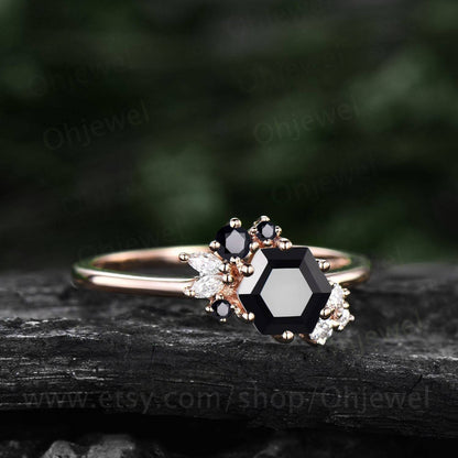 Hexagon cut black onyx ring gold silver for women vintage unique cluster black onyx engagement ring art deco moissanite promise ring gifts