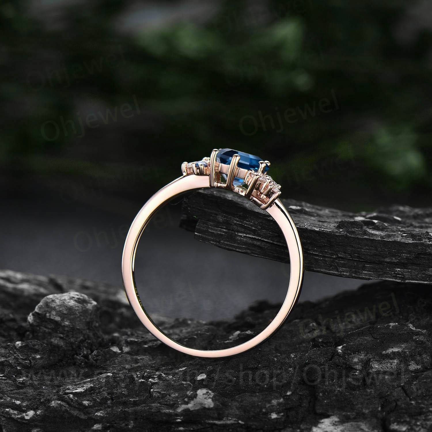 Unique Hexagon Cut London Blue Topaz Engagement Ring Set Celtic Knot Sterling Silver Rose Gold Wedding top Band 7 Stone Cluster Moissanite Ring