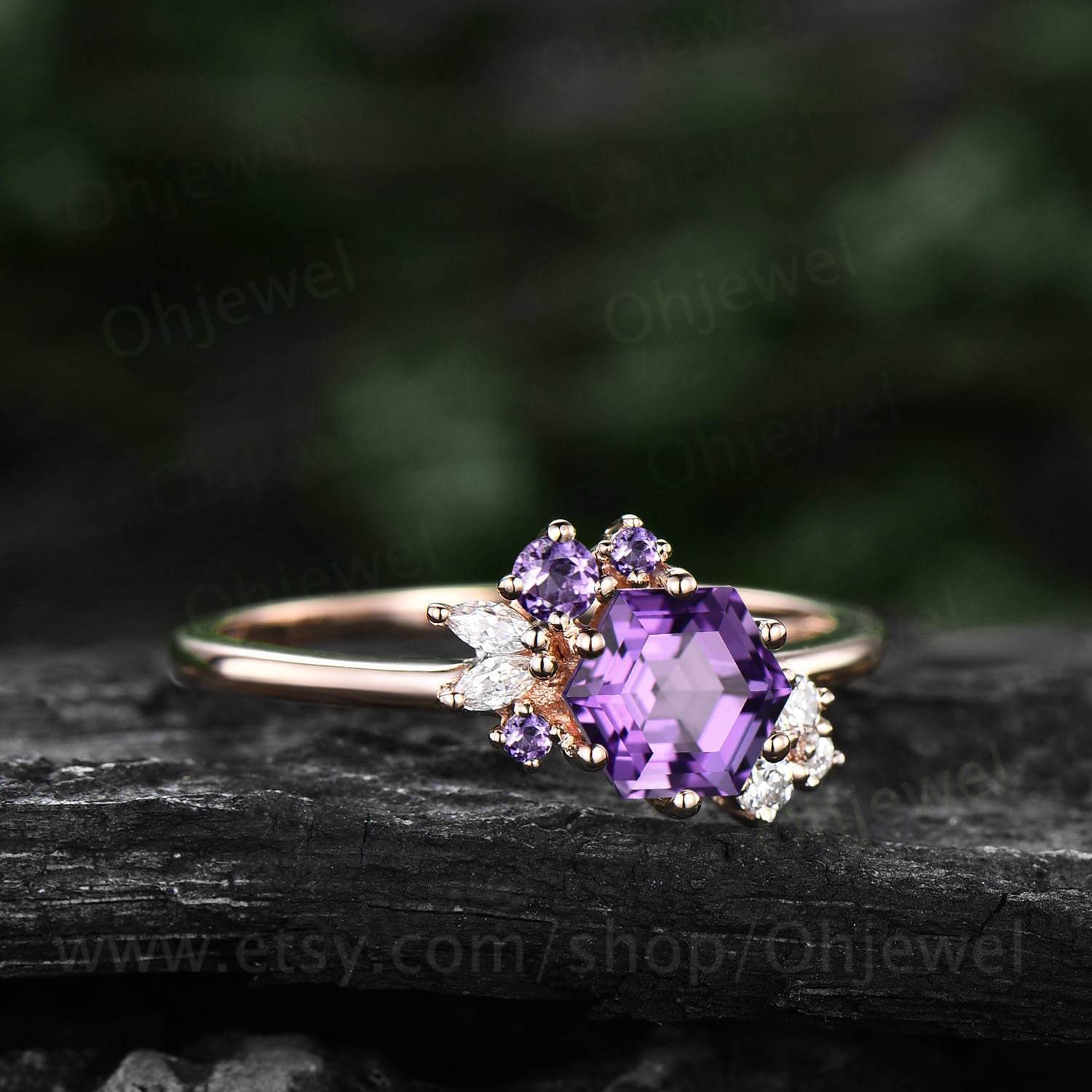 Amethyst Vintage Halo Engagement Ring Emerald Cut Amethyst Wedding Proposal Ring Daily Worn Antique Style Valentine, Ceremony Ring for order Her.