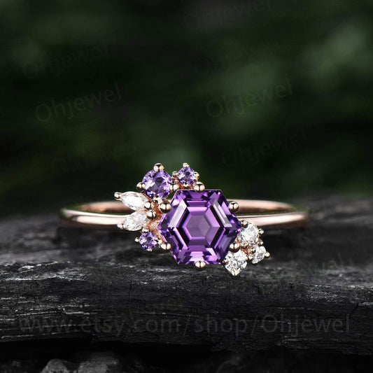 Hexagon cut amethyst ring gold silver for women vintage amethyst engagement ring unique cluster engagement ring moissanite ring for women