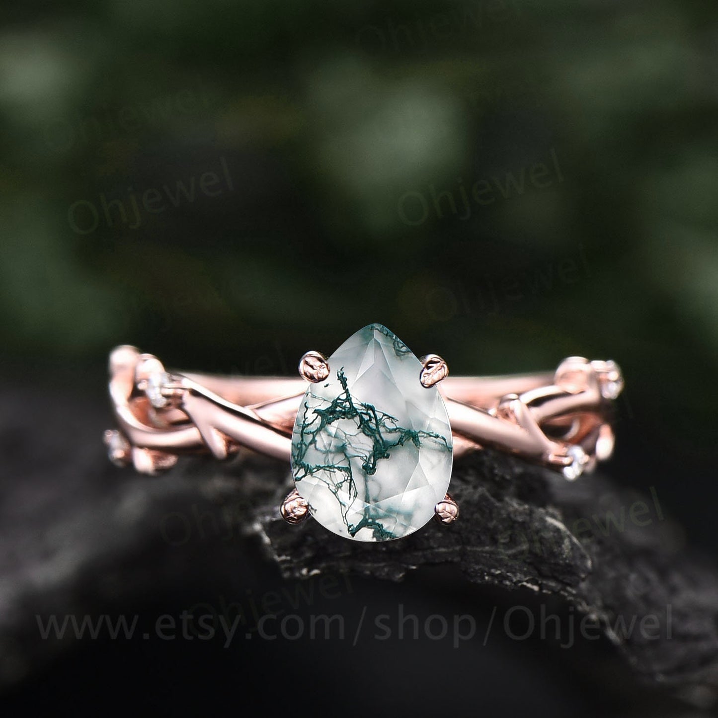 Vintage pear shaped green moss agate engagement ring leaf art deco rose gold five stone diamond ring for women unique promise bridal ring
