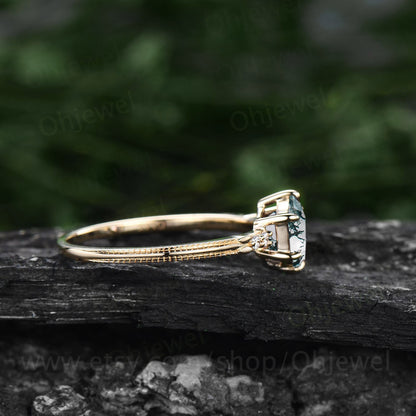 Hexagon cut green moss agate ring gold unique moss agate engagement ring five stone six prong ring milgrain diamond wedding ring for women