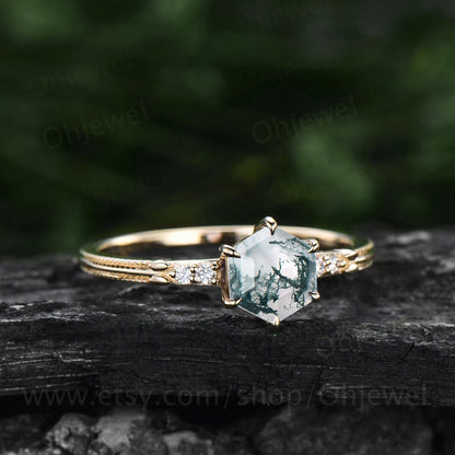 Hexagon cut green moss agate ring gold unique moss agate engagement ring five stone six prong ring milgrain diamond wedding ring for women