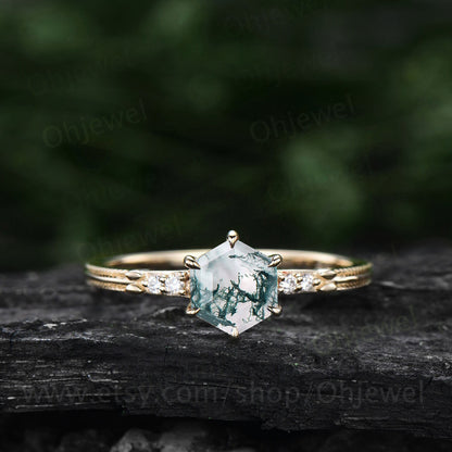 Hexagon cut green moss agate ring gold unique moss agate engagement ring five stone six prong ring milgrain diamond wedding ring for women