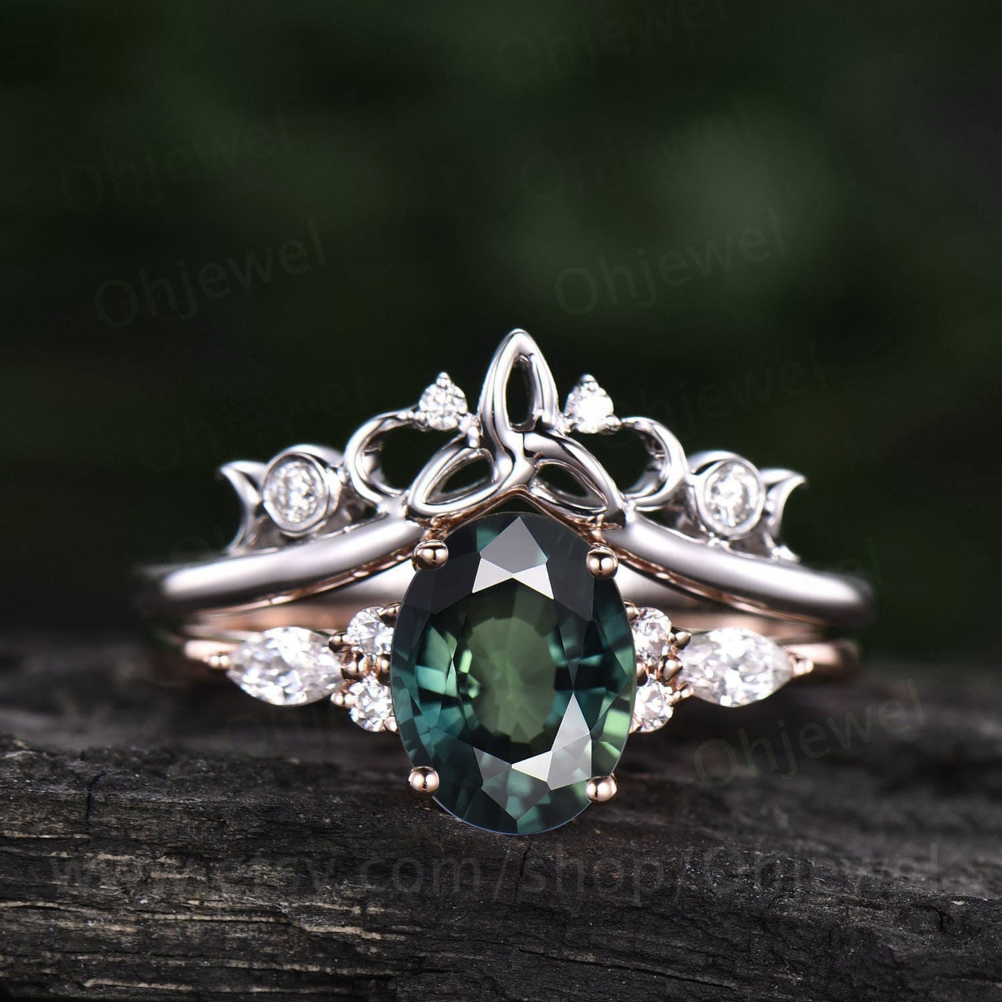 Green teal sapphire ring gold vintage teal sapphire engagement ring set art deco unique engagement ring diamond wedding ring set jewelry
