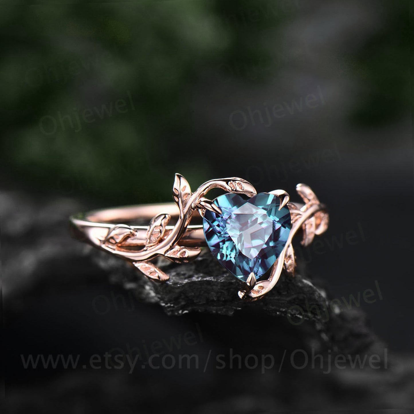 Twig Heart shaped Alexandrite engagement ring rose gold leaf nature inspired branches ring Twisted anniversary wedding ring for women gift