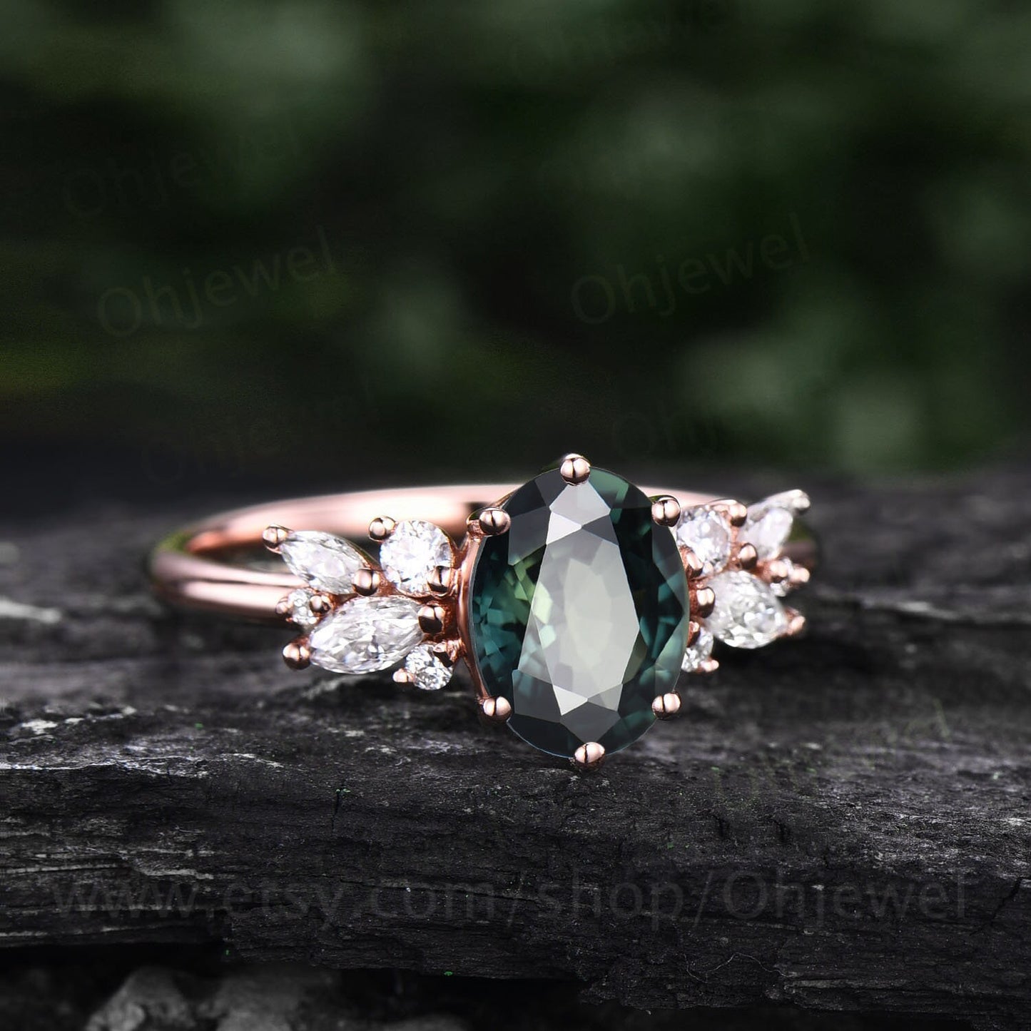 Oval cut green teal sapphire ring gold vintage teal sapphire engagement ring unique cluster engagement ring marquise cut diamond ring women