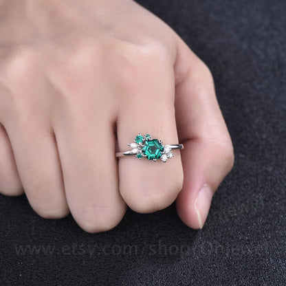 Hexagon cut emerald ring gold silver for women cluster vintage unique emerald engagement ring art deco moissanite bridal wedding ring gifts