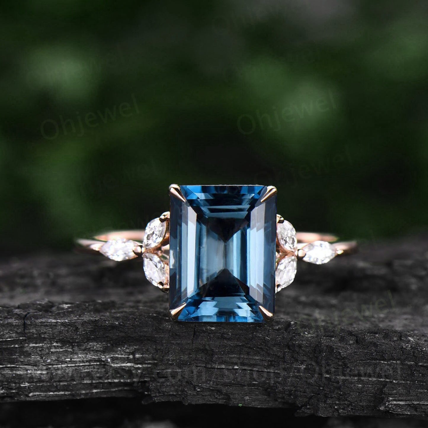 Emerald cut London blue topaz engagement ring rose gold art deco unique engagement ring marquise cut diamond ring promise ring for her gifts