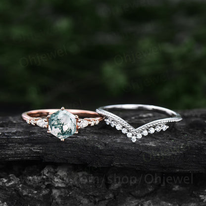 Hexagon cut green moss agate ring vintage unique moss agate engagement ring set 14k rose gold dainty moissanite wedding ring set for women