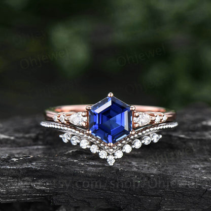 Hexagon cut sapphire ring gold vintage unique blue sapphire engagement ring set 14k rose gold dainty moissanite bridal ring set for women