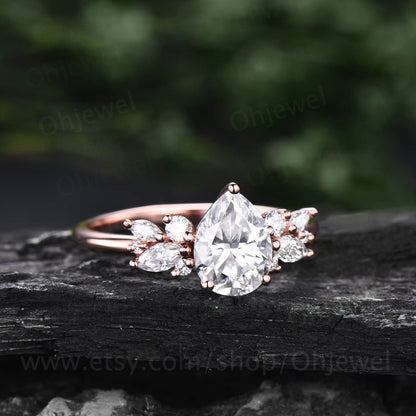 Pear shaped moissanite ring rose gold silver vintage unique cluster moissanite engagement ring art deco antique diamond wedding ring women