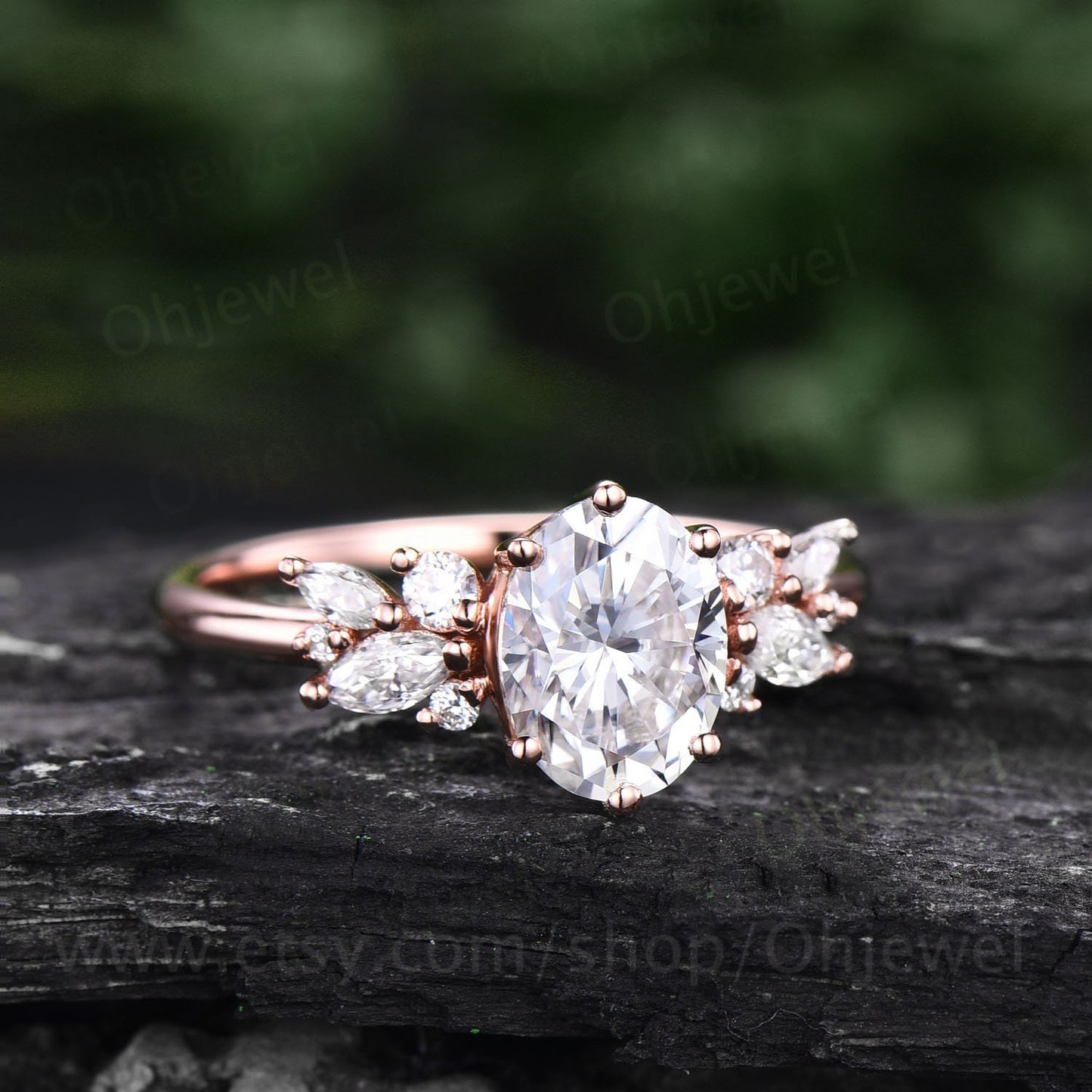 Oval cut moissanite ring rose gold silver vintage moissanite engagement ring unique cluster engagement ring 8 prong diamond ring for women