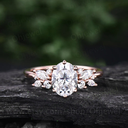 Oval cut moissanite ring rose gold silver vintage moissanite engagement ring unique cluster engagement ring 8 prong diamond ring for women