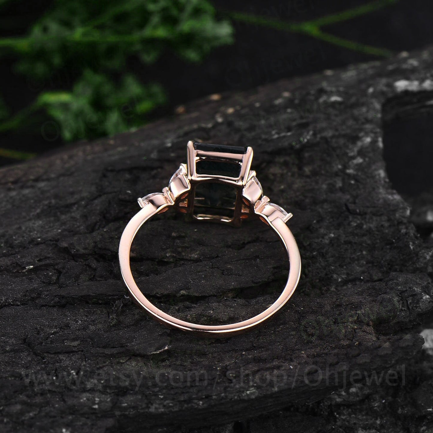 Green moss agate ring vintage moss agate engagement ring rose gold flower unique emerald cut engagement ring art deco moissanite bridal ring