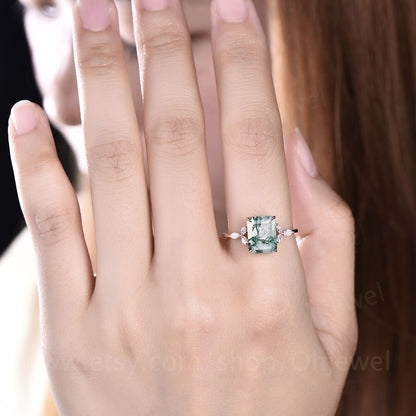 Green moss agate ring vintage moss agate engagement ring rose gold flower unique emerald cut engagement ring art deco moissanite bridal ring