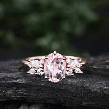 Pink morganite ring vintage morganite engagement ring unique cluster rose gold 6 prong engagement ring diamond promise wedding ring women