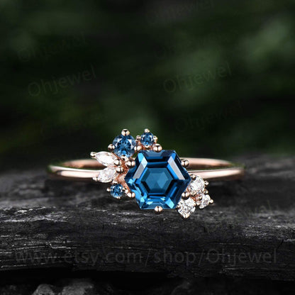 Hexagon cut London blue topaz ring gold vintage London blue topaz engagement ring rose gold unique cluster engagement ring moissanite ring