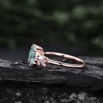 Oval cut moss agate ring gold silver vintage moss agate engagement ring rose gold unique alternative cluster engagement ring diamond ring