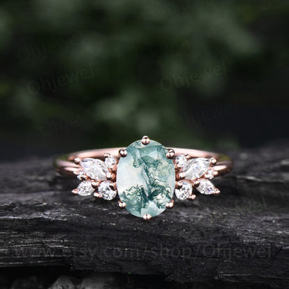 Oval cut moss agate ring gold silver vintage moss agate engagement ring rose gold unique alternative cluster engagement ring diamond ring