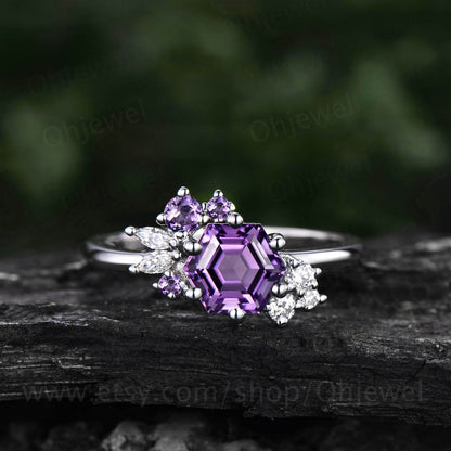 Hexagon cut amethyst ring gold silver for women vintage amethyst engagement ring unique cluster engagement ring moissanite ring for women