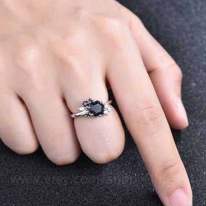 Hexagon cut blue sandstone ring gold silver for women vintage unique cluster blue sandstone engagement ring art deco moissanite wedding ring
