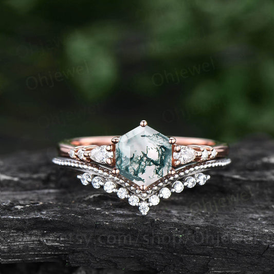 Hexagon cut green moss agate ring vintage unique moss agate engagement ring set 14k rose gold dainty moissanite wedding ring set for women