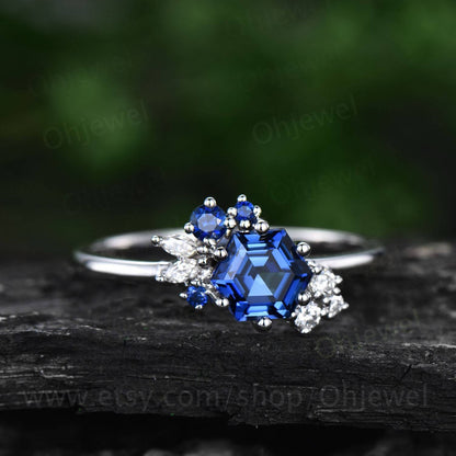 Hexagon cut natural sapphire ring gold for women vintage unique cluster sapphire engagement ring art deco moissanite anniversary ring gifts