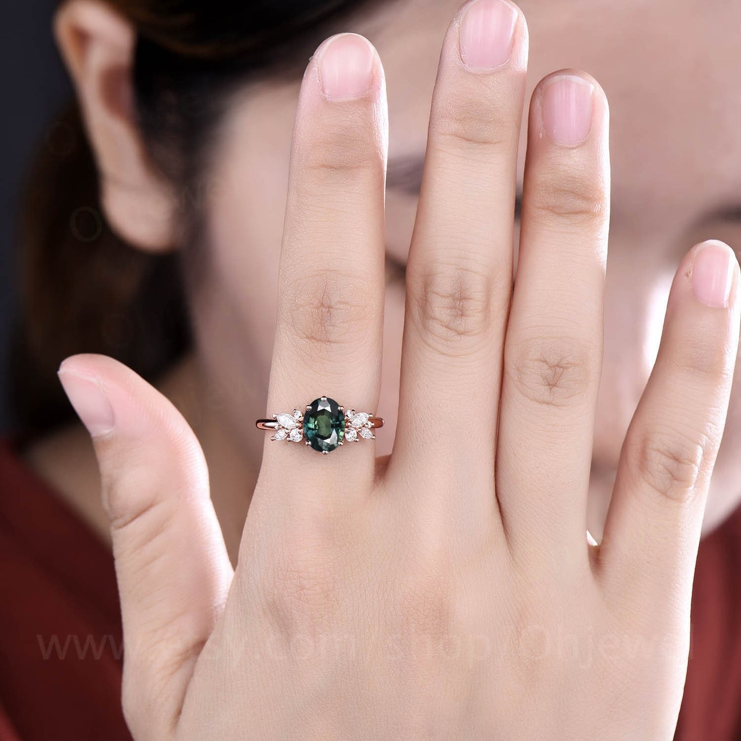 Oval cut green teal sapphire ring gold vintage teal sapphire engagement ring unique cluster engagement ring marquise cut diamond ring women