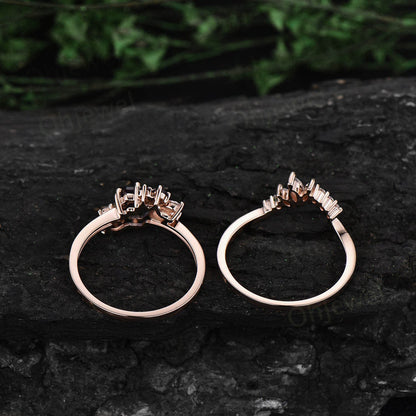 Vintage hexagon cut green moss agate engagement ring set rose gold art deco cluster moissanite ring set bridal wedding ring set women gifts