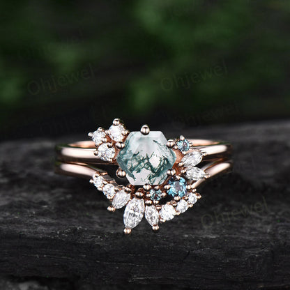 Vintage hexagon cut green moss agate engagement ring set rose gold art deco cluster moissanite ring set bridal wedding ring set women gifts