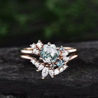 Hexagon cut moss agate ring white gold vintage unique engagement ring set cluster Alexandrite ring art deco diamond wedding ring for women