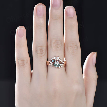 Hexagon cut moss agate ring white gold vintage unique engagement ring set cluster Alexandrite ring art deco diamond wedding ring for women