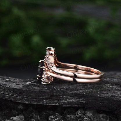 Vintage hexagon cut green moss agate engagement ring set rose gold art deco cluster moissanite ring set bridal wedding ring set women gifts