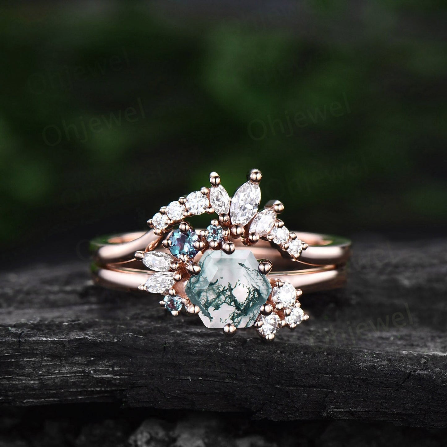 Vintage hexagon cut green moss agate engagement ring set rose gold art deco cluster moissanite ring set bridal wedding ring set women gifts