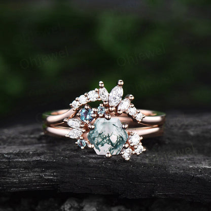 Hexagon cut moss agate ring white gold vintage unique engagement ring set cluster Alexandrite ring art deco diamond wedding ring for women