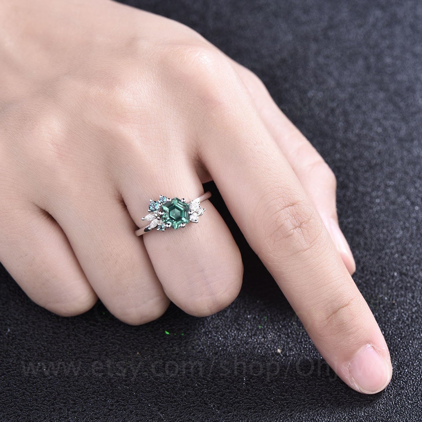 Hexagon cut green sapphire engagement ring teal sapphire engagement ring art deco cluster moissanite ring promise bridal wedding ring women