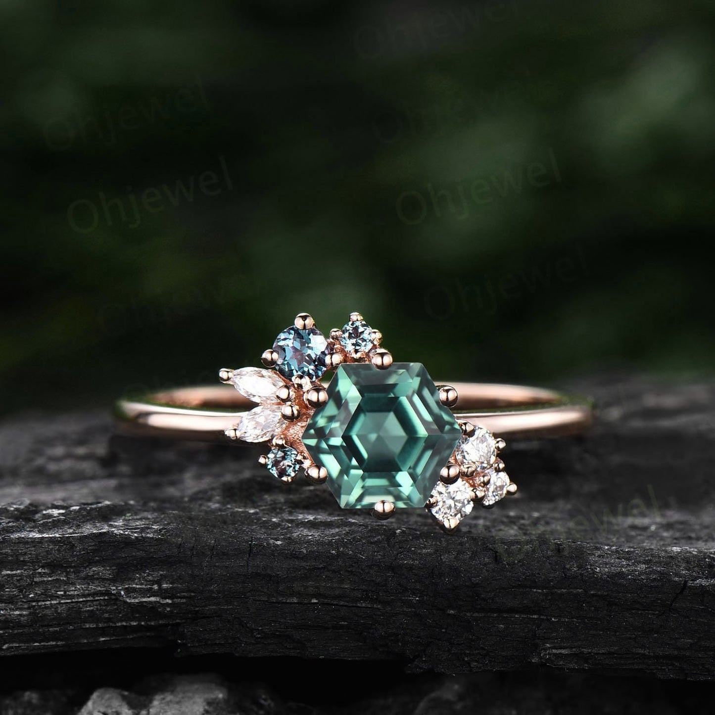 Hexagon cut green sapphire engagement ring teal sapphire engagement ring art deco cluster moissanite ring promise bridal wedding ring women