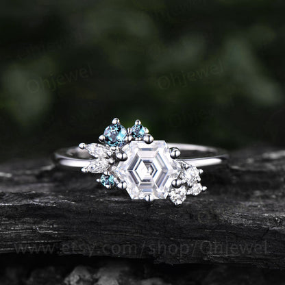 Hexagon cut moissanite ring gold silver vintage unique engagement ring cluster Alexandrite  ring art deco diamond wedding ring for women