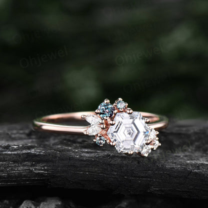 Hexagon cut moissanite ring gold silver vintage unique engagement ring cluster Alexandrite  ring art deco diamond wedding ring for women