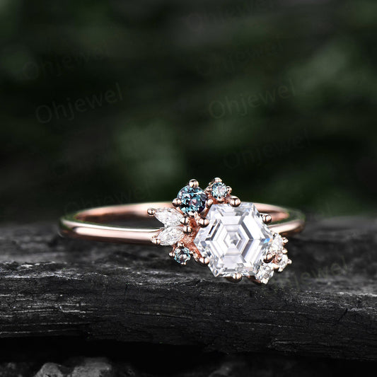 Hexagon cut moissanite ring gold silver vintage unique engagement ring cluster Alexandrite  ring art deco diamond wedding ring for women