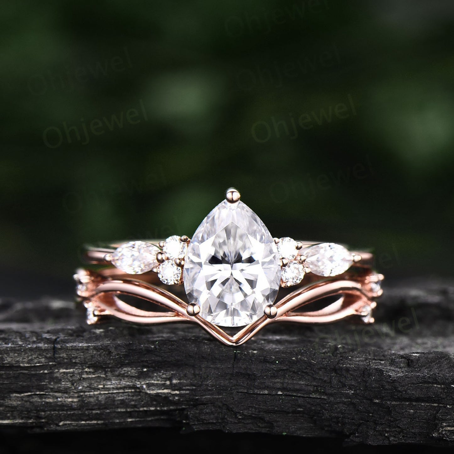 Moissanite ring set rose gold vintage pear shaped moissanite engagement ring set art deco stacking ring set unique wedding ring set women